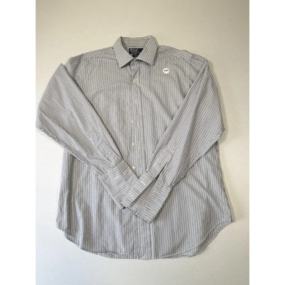 Polo Ralph Lauren Shirt Mens 16.5 White Blue Stripe‎ Philip Dress Long Sleeve